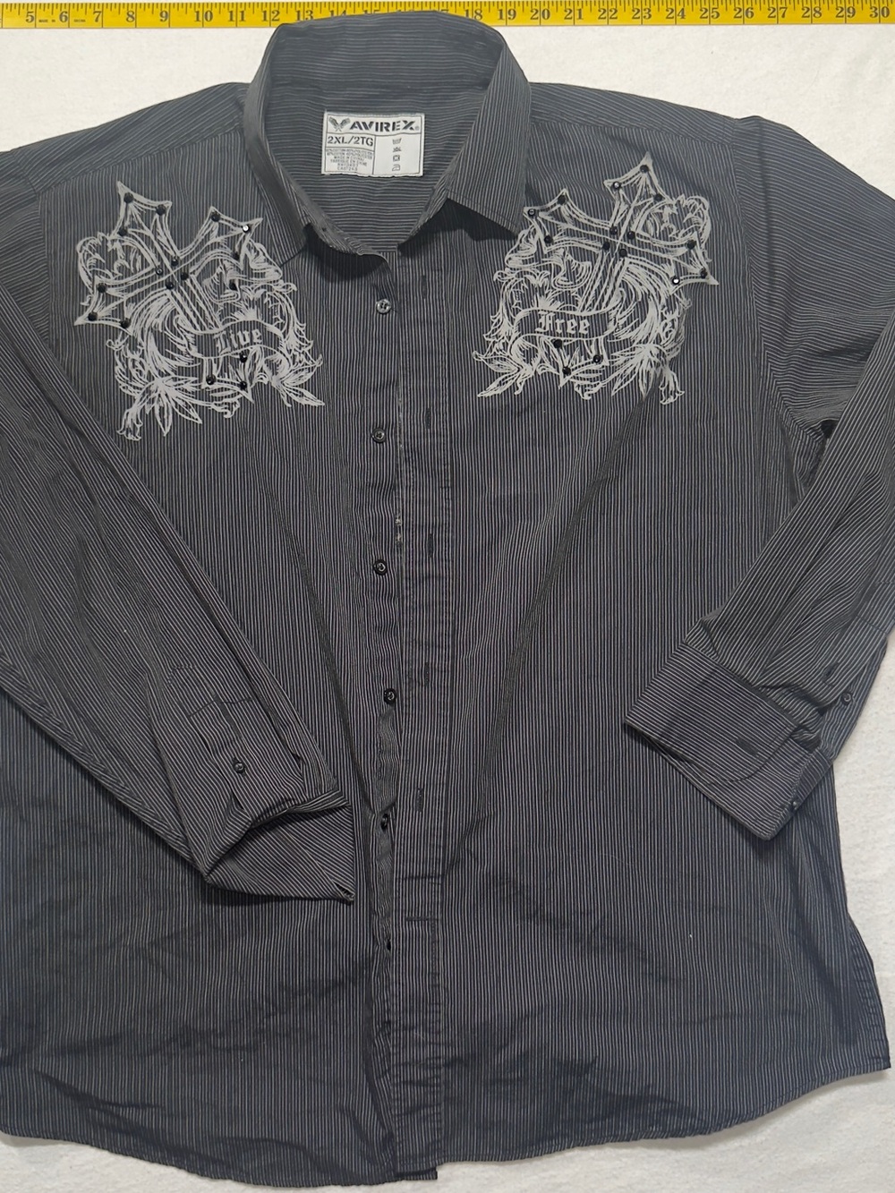 VintagAvirex Men's Black Pinstripe Button-Up Shirt with Embroidered Chest Design